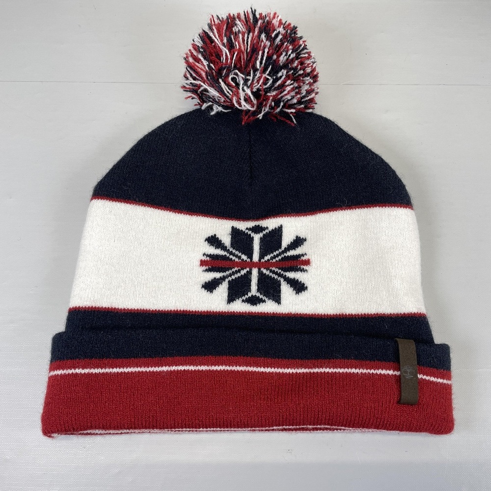 Timberland Hat Beanie Mens Navy Red White Knit Pom Winter Snowflake Warm Cap
